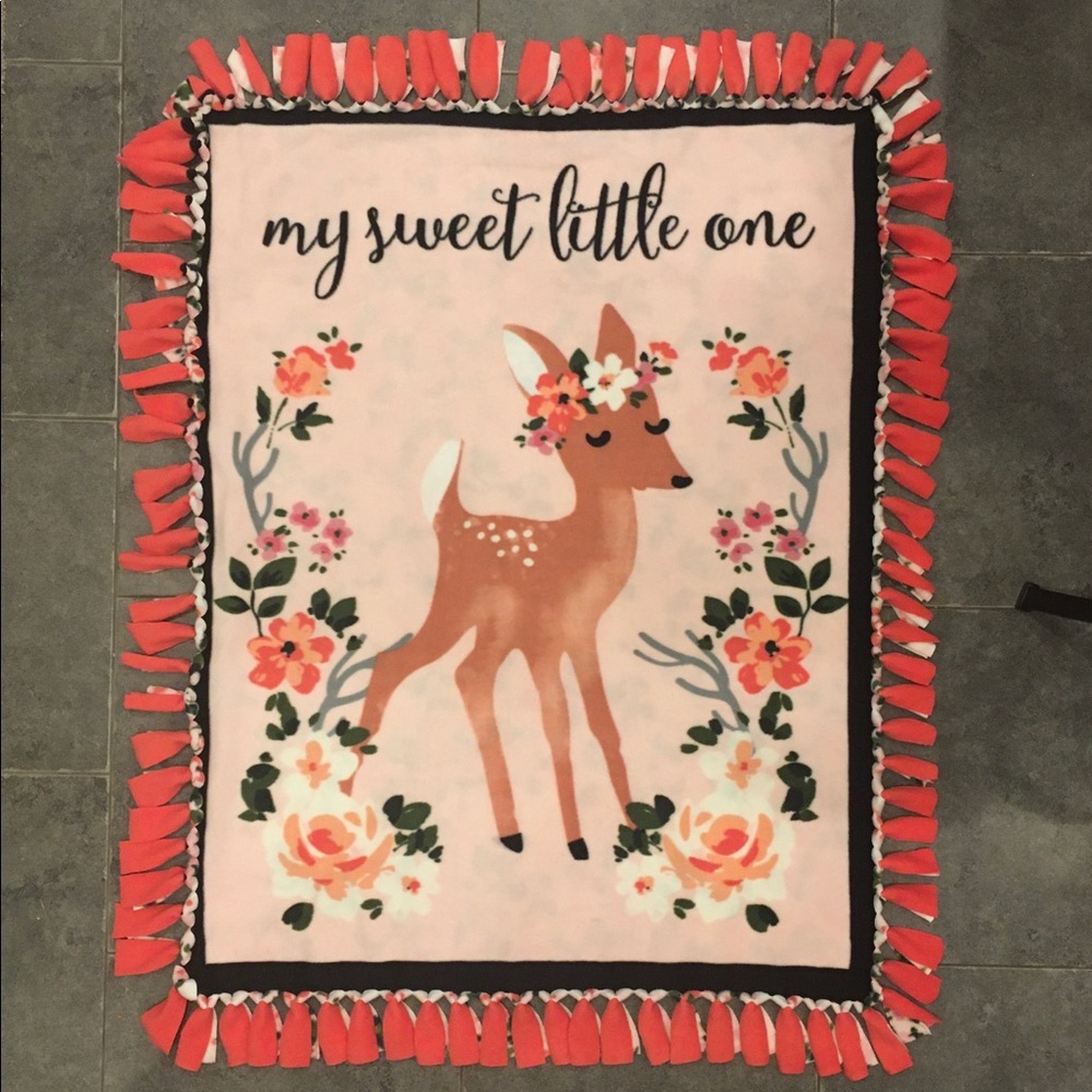 Handmade Reversible Baby Blanket, ‘My Sweet Little One’, Pink & Green